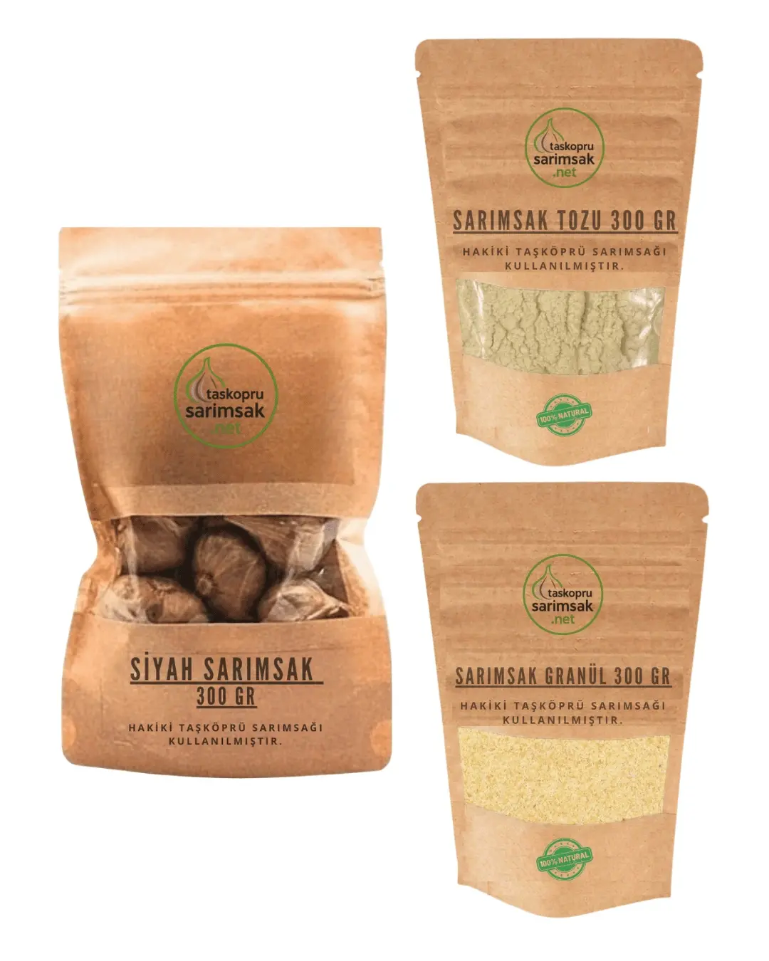Sarımsak Çeşni Paket - (Siyah Sarımsak 300 GR, Sarımsak Granül 300 GR, Sarımsak Tozu 300 GR)